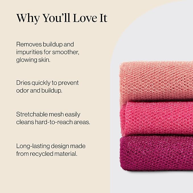 Kitsch African Net Sponge – Exfoliating Body Scrubber for Cleansing & Gentle Daily Exfoliation – Stretchable Bath Sponge for Hard-to-Reach Areas, Long-Lasting Shower Essential - Berry Pink, 3 Pcs