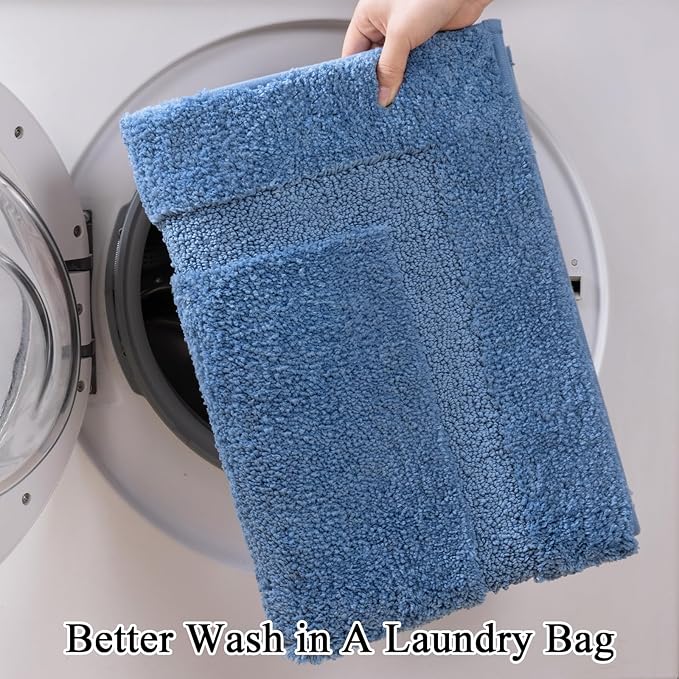 SHACOS 3 Piece Blue Bathroom Rugs Sets, Non Slip Soft Fluffy 16"x24" + 20"x32" Bath Mat and 20"x24" U Shaped Toilet Rugs Washable, Water Absorbent Bath Rugs for Bathroom