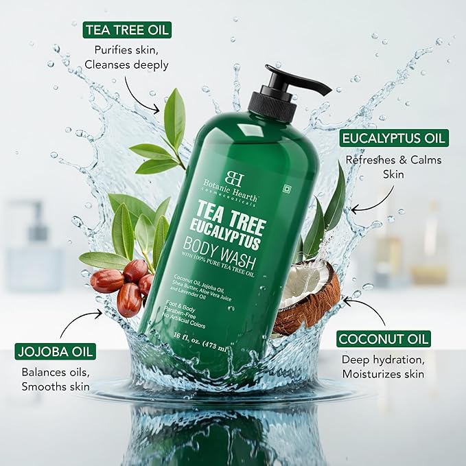 Botanic Hearth Tea Tree Eucalyptus Body Wash with Silicone Dual-Sided Design Body Brush & Scrubber | Infused with 100% Pure Tea Tree Oil, Coconut, Jojoba|Foot & Body Cleanser |Paraben Free |16 fl oz