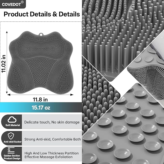 Dual-Sided Silicone Shower Foot Scrubber Mat – Foot Scrubber in Shower for Deep Cleaning & Exfoliation | Wall-Mounted Shower Foot Scrubber Mat & Back Cleaner for Men and Women (Grey, Standard)