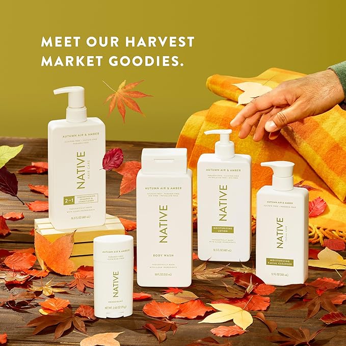 Native Body Wash with Naturally Derived Ingredients - Autumn Air & Amber - For Women & Men, Sulfate, Paraben, & Dye Free Leaving Skin Soft and Hydrating | Fall Seasonal Scent Bundle, 18 oz - 2 Pk