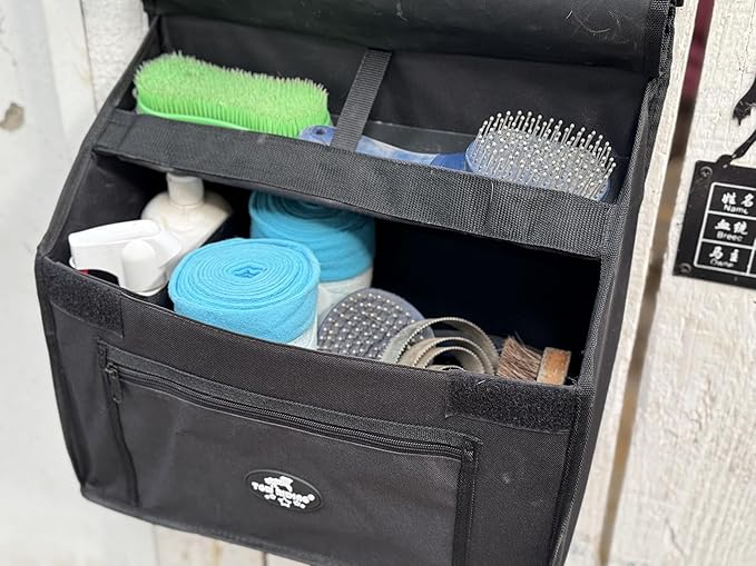 TGW RIDING Stall Front Organizer Bag, Black, Multi-Compartment Storage, Horse Grooming Supply Holder with Top Loading Design