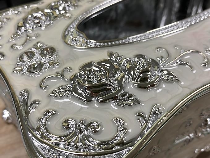 9.45"x5.43"x3.94" Luxurious Rose Tissue Box with Imitation Diamonds, Embossed Flowers, Elegant Tissue Paper Holders for Home Toilet Bath Hotel,Silver-White