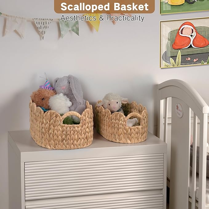 Scalloped Wicker Basket, Set of 2 Hand-Woven Natural Rattan Baskets with Built-in Handles, Water Hyacinth Storage Oval Cute Baby Baskets for Nursery, Organizing, Decor and Shelves