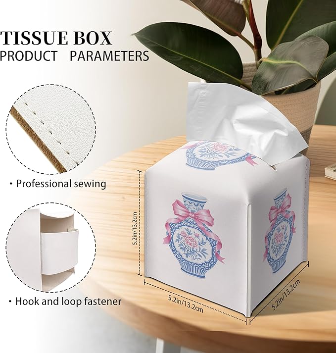 Grace Yonks Cute Tissue Box Cover Square - Blue Floral Vase & Pink Ribbon Design 5.2" PU Leather Holder for Vanity, Desk, or Bathroom Counter - Cube Case for Facial Tissues(005)