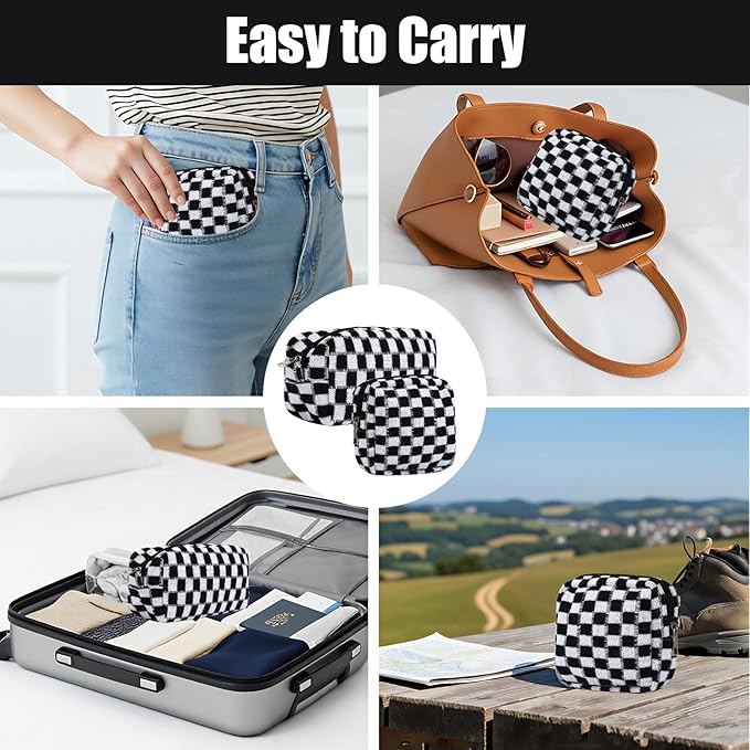 2 Pcs Sanitary Napkin Storage Bag, Zipper Checkered Sanitary Pouch Period Bags, Portable Tampon Pad Pouch Pad Bag for Women Travel Daily, Reusable Period Bag for Teen Girls for School Women Black
