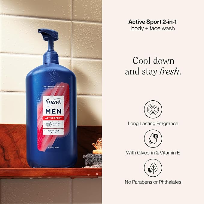 Suave Men Moisturizing Body & Face Wash, Energizing Sport with Bergamot & Wood Scent, No Parabens, No Phtahaltes, 18 Oz Pack of 6