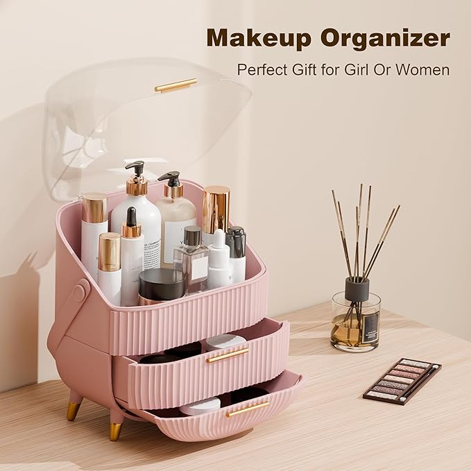 Makeup Organizer for Vanity Cosmetics Skincare Organizers with Lid and Drawers Display Cases for Countertop (Pink) | for Vanity, Organizers, with Lid, and Drawers, for Countertop