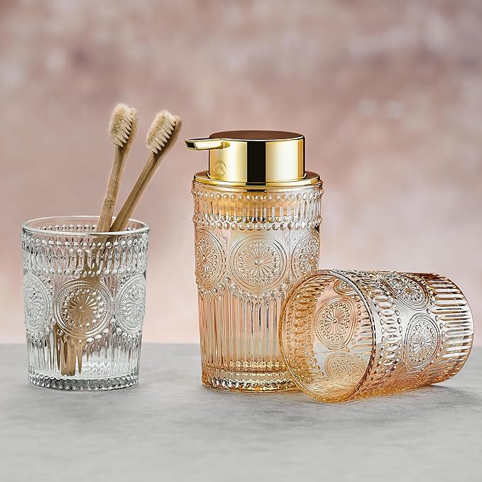 Foaming Hand Soap Dispenser, Glass Foam Toothbrush Holder, Refillable Liquid Lotion Dispenser (S-Gold-Lotion)