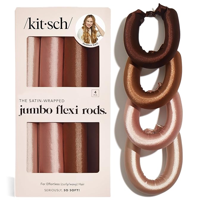Kitsch Satin Hair Curlers, Heatless Curling Rod - Jumbo Flexi Rod for Heatless Curls Overnight, Comfortable Hair Curlers to Sleep In for Frizz-Free, No Heat Damage Styling - 4pcs, Rosewood