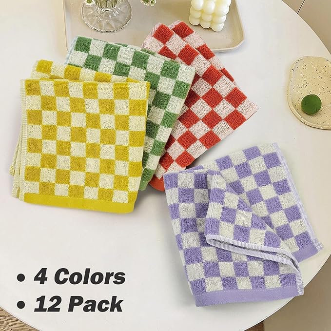 Jacquotha Washcloths 12 Pack Checkered - Wash Cloths for Showering (13"x13") in 4 Colors, Multi-Purpose Bathroom Face Cloths, Soft and Cute
