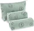 3 Pcs Makeup Bag Set for Women Corduroy Cosmetic Pouch Aesthetic Smile Travel Toiletry Bag Cute Purse Pouch Pencil Case Makeup Brushes Storage Organizer with Zipper(Green,Smile Face)