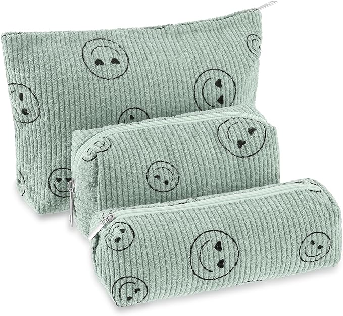 3 Pcs Makeup Bag Set for Women Corduroy Cosmetic Pouch Aesthetic Smile Travel Toiletry Bag Cute Purse Pouch Pencil Case Makeup Brushes Storage Organizer with Zipper(Green,Smile Face)