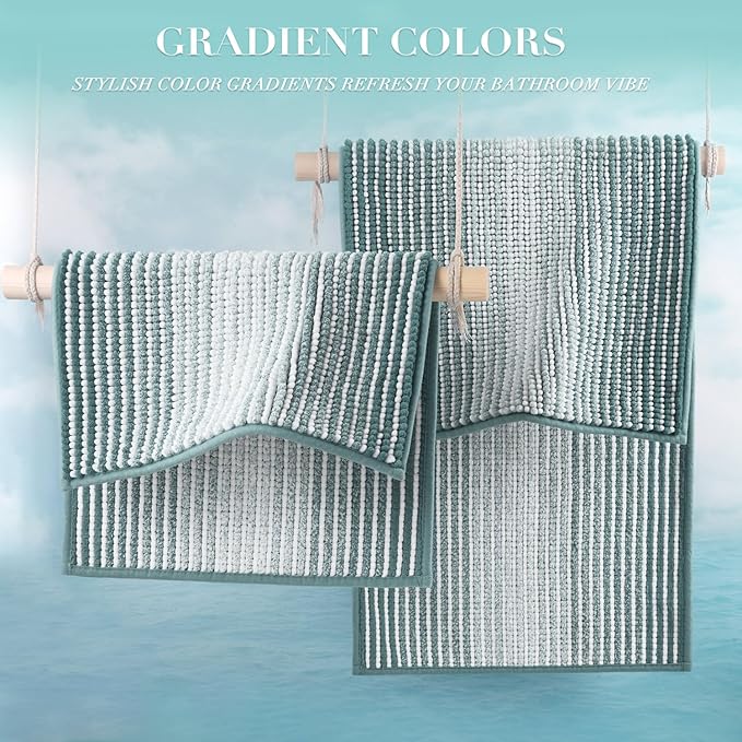 BSICPRO Bathroom Rugs and Mats Sets, 2 Piece Thick Absorbent Chenille Bath Mat Rug Set Non Slip, Soft Shaggy Bath Room Floor Mats for Bathroom, Machine Washable (Sea Green, 20" x 60" Plus 20" x 32")