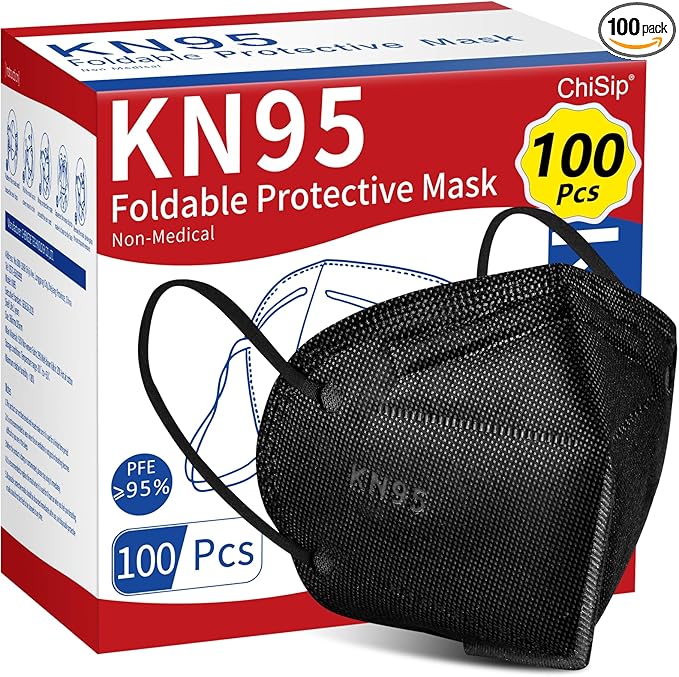 ChiSip KN95 Face Mask 100Pcs, 5 Layer Design Cup Dust Safety Masks, Breathable Protection Masks Against PM2.5 Dust for Adult, Men, Women, Black
