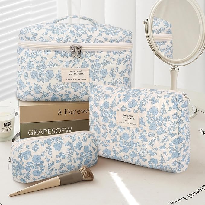 3Pcs Cotton Quilted Makeup Bag Large Travel Cosmetic Bag Coquette Makeup Pouch Cute Aesthetic Floral Toiletry Bag for Women Girls
