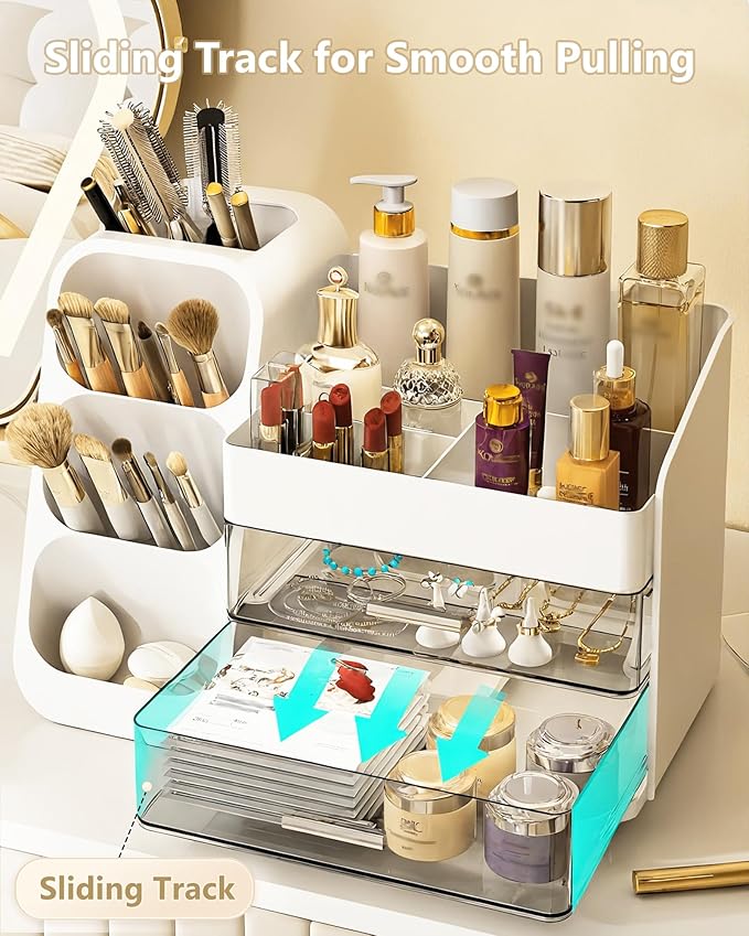 Large Capacity Makeup Organizer Countertop with Makeup Brush Holder for Vanity, Thickened Material, Bathroom Countertop Organizer Skin Care Perfumes Storage, Teen Girl Gifts for 13-25 Year