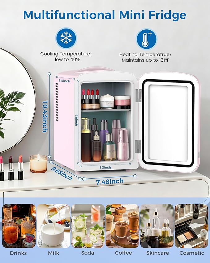 Mini Fridge for Bedroom, 4L/6 Cans Small Cosmetic Fridge for Skincare, Makeup, Medicine & Beverage, Portable Desk Fridge Cooler and Warmer for Kids, Car, Office, Dorm, Pink
