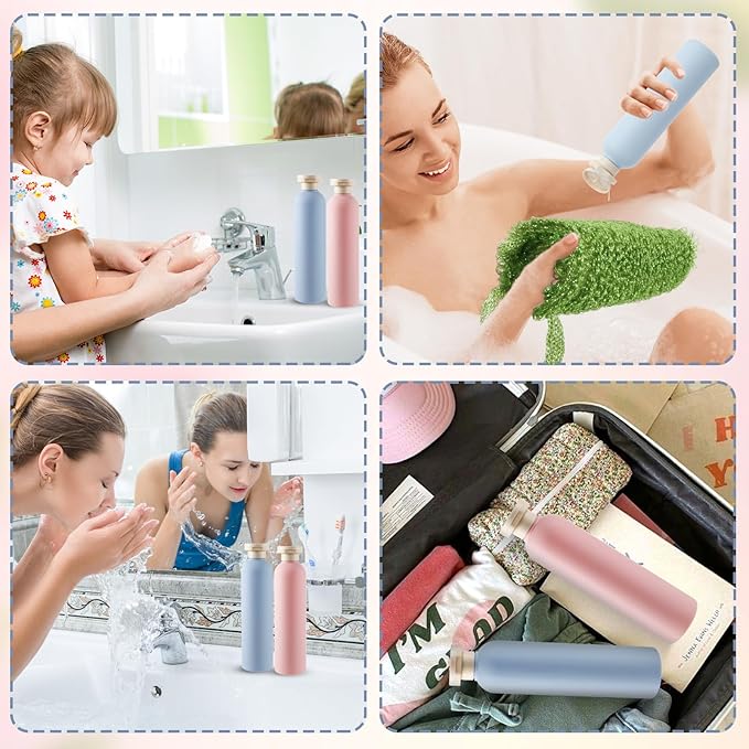 2-Pack Squeeze Bottles, 260ml Plastic Refillable Travel Containers with Flip Cap - Leak Proof for Shampoo, Creams, Lotion, Conditioner (Blue + Pink)