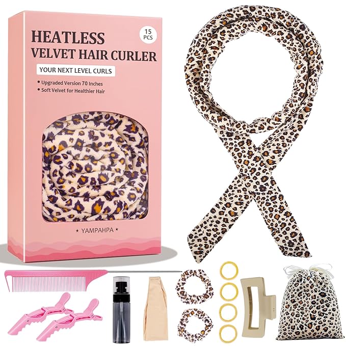 Heatless Curls Overnight Headband, 70'' No Heat Hair Curlers for Medium Long Hair, Leopard Print