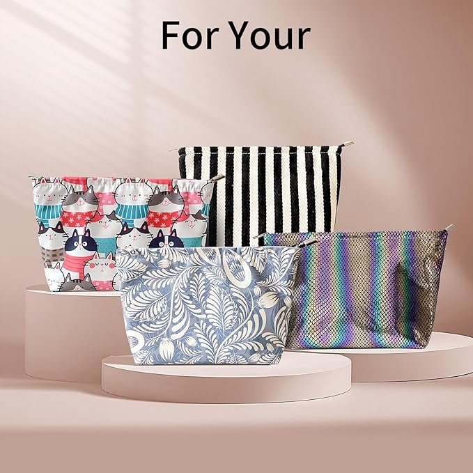 Makeup Bag for Women, Striped Makeup Bag, Travel Makeup Pouch for Purse, Canvas Cosmetic Bag with Zipper lining , Small Travel Pouch for Toiletry, Sunscreen, Sunblock, Hygiene, Skincare, Medicine