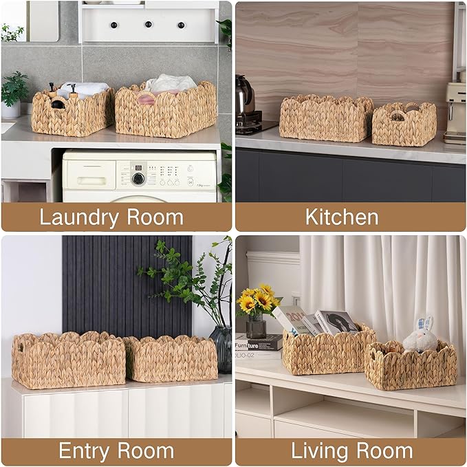 Scalloped Wicker Basket, Set of 2 Woven Rattan Natural Water Hyacinth Baskets with Built-in Handles, Rectangle Storage Baskets for Organizing, Decor, Shelf and Nursery Room
