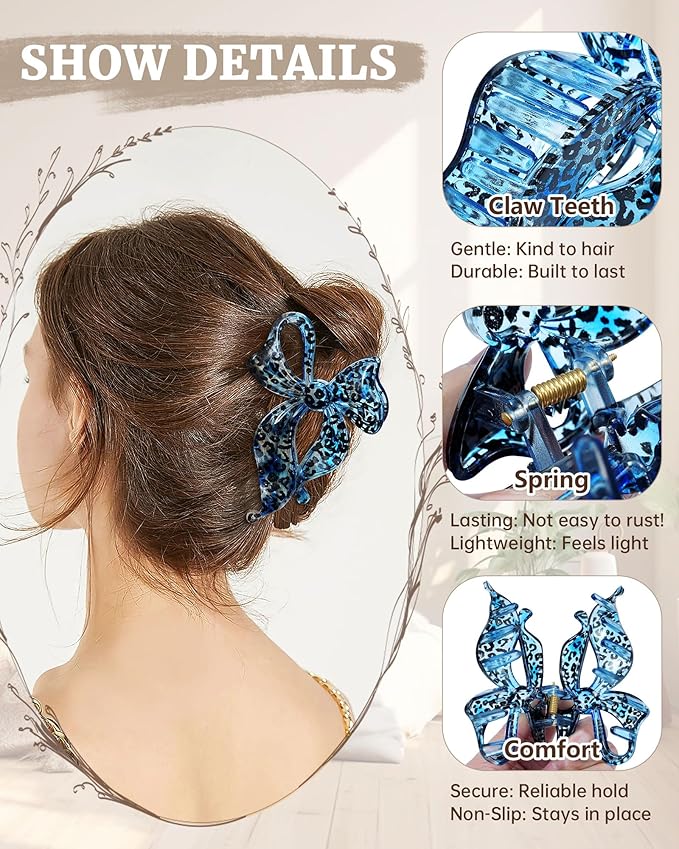 Mesovor 4 pack Cute Bow Claw Clip for Women, Nonslip Large Matte Strong Hold Bows Hair Clips for Thin and Thick Hair | Chic Hair Styling Accessories (Blue Leopard, Coffee Leopard)