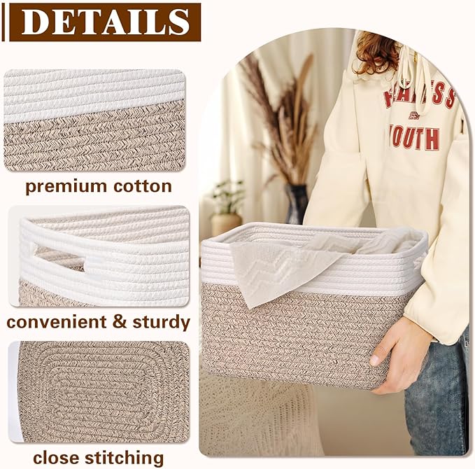Storage Baskets for Organizing, 4 Pack Baskets for Shelves, Decorative Storage Bins for Shelves, Cotton Rope Storage Basket with Handles, Woven Basket for Storage, 13''Lx8.7''Wx7.9''H, White & Brown