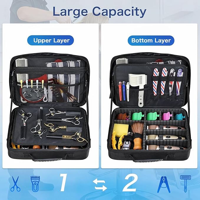 Professional Barber Clipper Case Organizer Bag with Adjustable Dividers, Detachable 6-Slot Scissors Panel, Travel Grooming Tool Storage - Fits Wahl/Andis/Hatteker