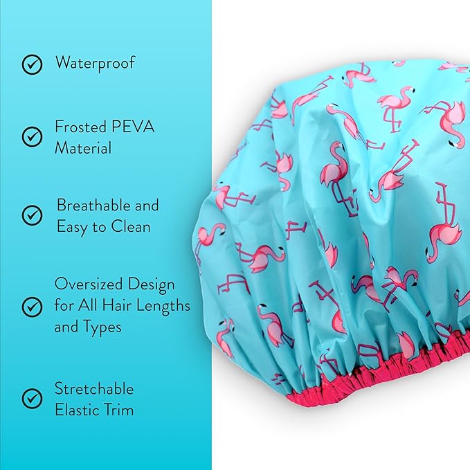 Reusable Shower & Bath Cap & Lined, Oversized Waterproof Shower Caps Large Designed for all Hair Lengths with PEVA Lining & Elastic Band Stretch Hem Hair Hat - Fashionista Flamingo Party