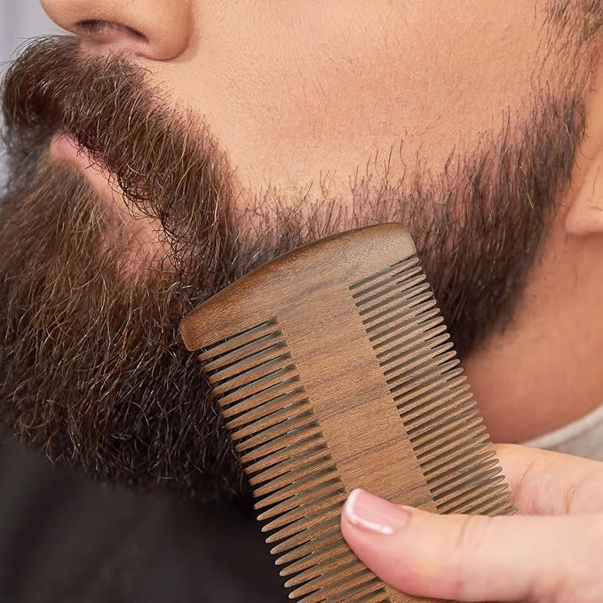 3 Pieces Beard Comb for Men Natural Sandalwood Wooden Mustaches Combs Dual Action Teeth Beard Comb with 3 Pieces Pocket Faux Leather Case for Beards Mustaches(Brown)