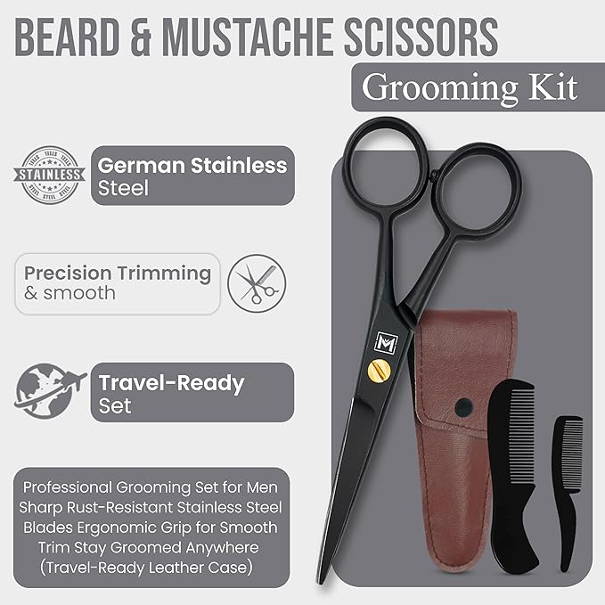 Mustache & Beard Scissors for Men – Professional 5" Stainless Steel Grooming Kit with Comb & Travel Case – Sharp Facial Hair Trimming Tool for Mustache, Beard, Nose & Eyebrows