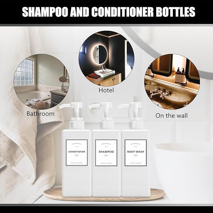 Shower Dispenser Set, 3 White Refillable Bottles, 22oz Large, Shampoo, Conditioner, Body Wash