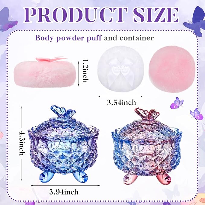 Tioncy 4 Pcs Large Body Powder Puff and Container Extra Large Body Powder Puff Dish Soft Washable Reusable Fluffy Makeup Sponge Wet Dry(Butterfly,Purple and Blue)