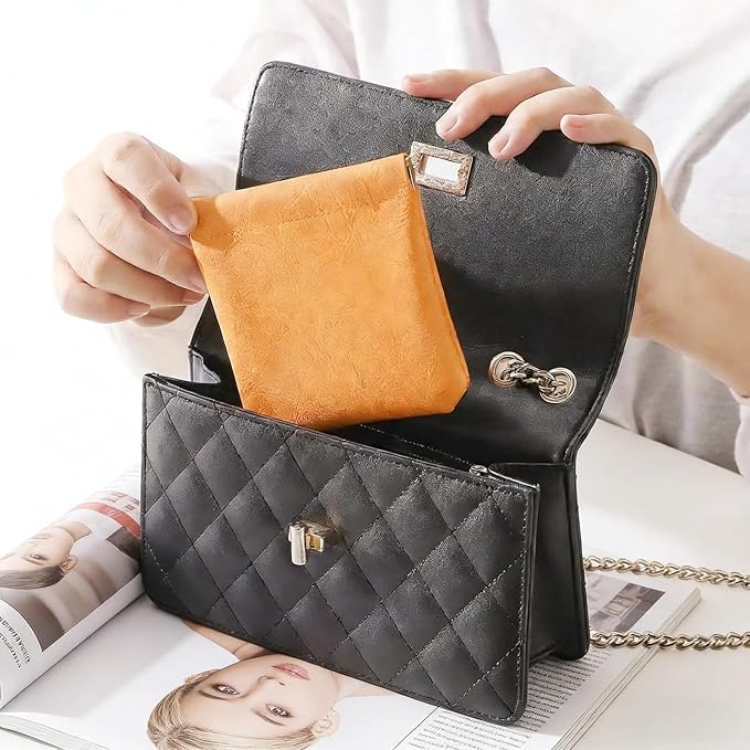 4Pcs Small Makeup Bag for Purse, Mini Leather Pocket Cosmetic Bag for Women, Small Lipstick Purse Pouches for Purse, Small Coin Purse Organizer Pouches, Portable No Zipper Makeup Pouch (Orange, Pink)