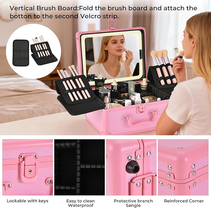 Makeup Case with Lighted Mirror, Makeup Box Organizer with Detachable LED Mirror, Travel Makeup Train Case, Waterproof Cosmetic Organizer, Standing Brush Holder, Gift, Pink