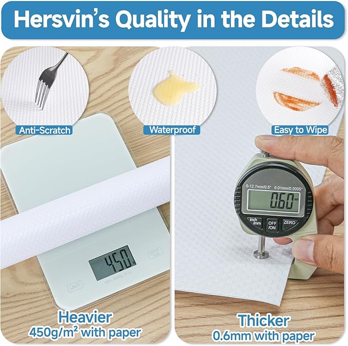 Hersvin Shelf Liners 24 in x 20 ft Self-Adhesive EVA Drawer Mats, Cupboard Protector, Kitchen Cabinet Lining Fridge Liner (White Flat Dot, 61x610cm)