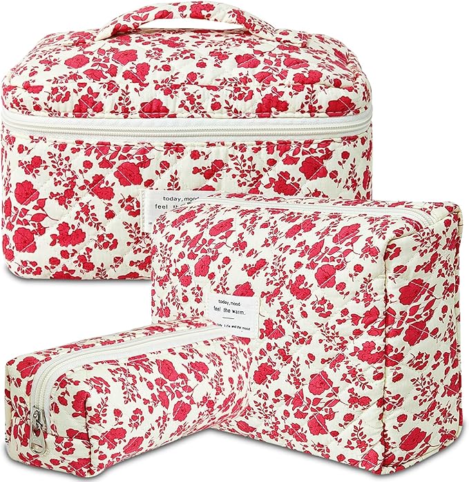 3Pcs Makeup Bag Cotton Quilted Travel Cosmetic Bag Cute Floral Makeup Pouch Large Toiletry Bag for Women Girls