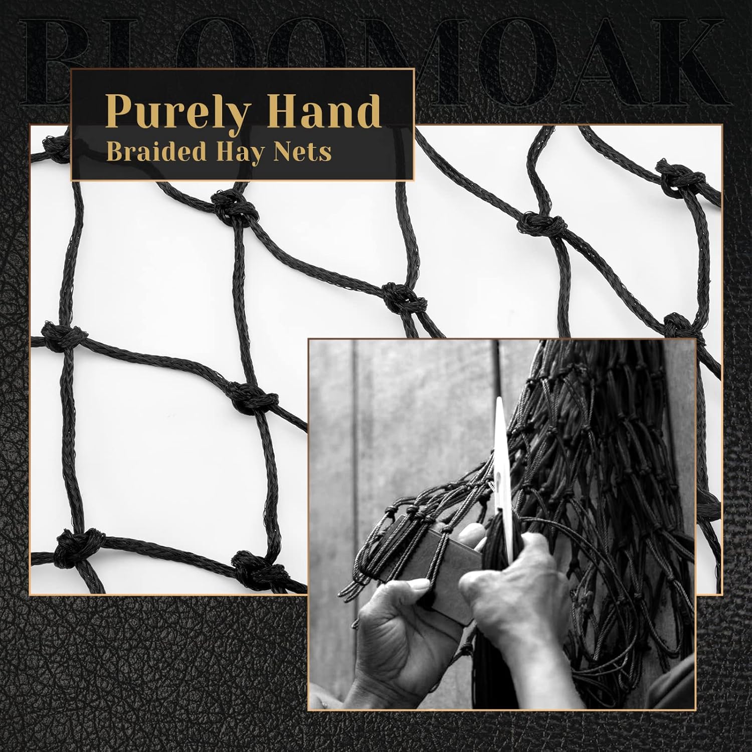Bloomoak Slow Hay Net Feeder for Horses, Durable Soft Black PE 2/3 String Hay Bales Bags, Fit 36x18x18 to 47x25x17 Inches, Extends 50-64 Inches (2 1.6" Hole/1PC)