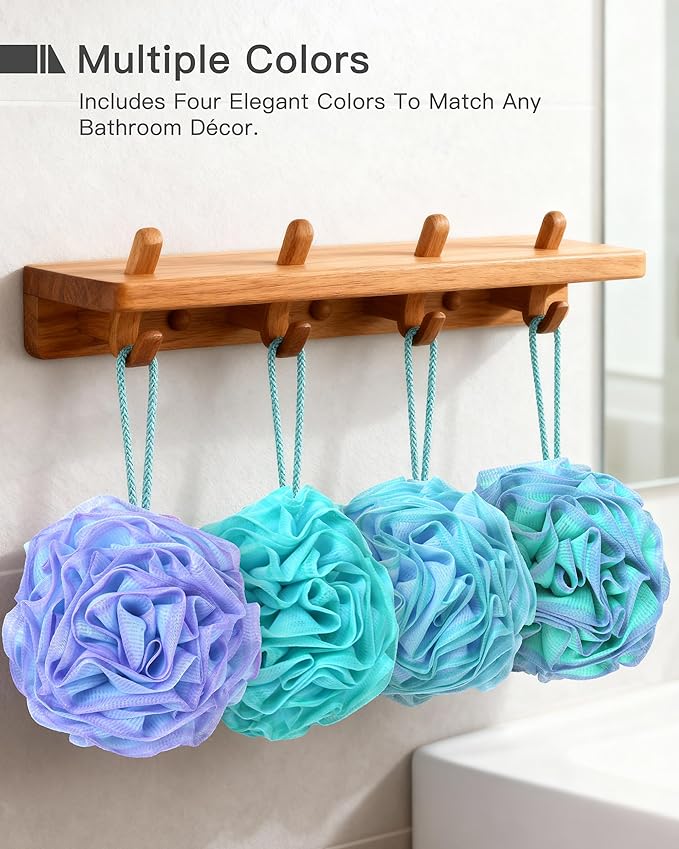 Loofah Sponge 70g, 6.3 Inch Large Exfoliating Bath Sponge, Soft Durable PE Mesh with Reinforced Knotting, Rich Lather Bath Scrubber for Body, for Travel or as a Holiday Gift (4Pack, Green-Blue)