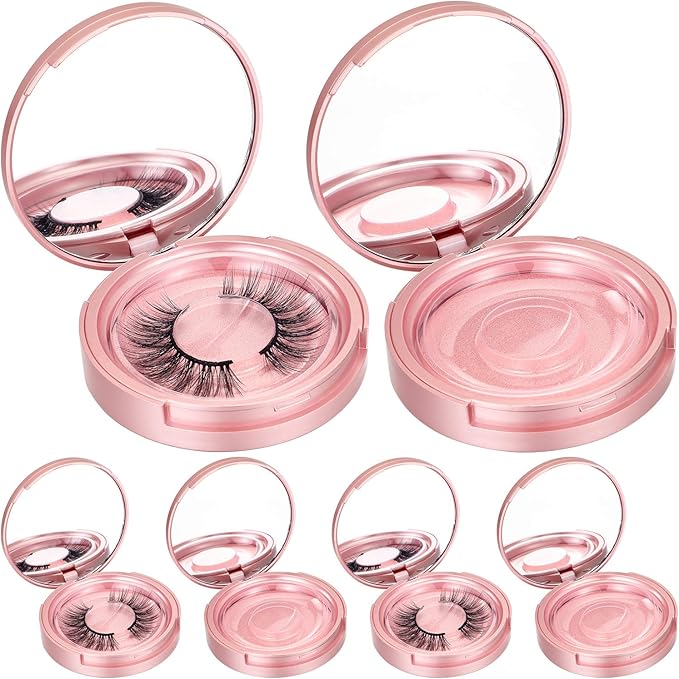 Maitys 6 Pcs Eyelash Storage Box With Mirror, Circle Packaging Holder Case, Empty Lash Organizer Container for Travel Storage Cosmetic Women Ladies (Rose Gold)