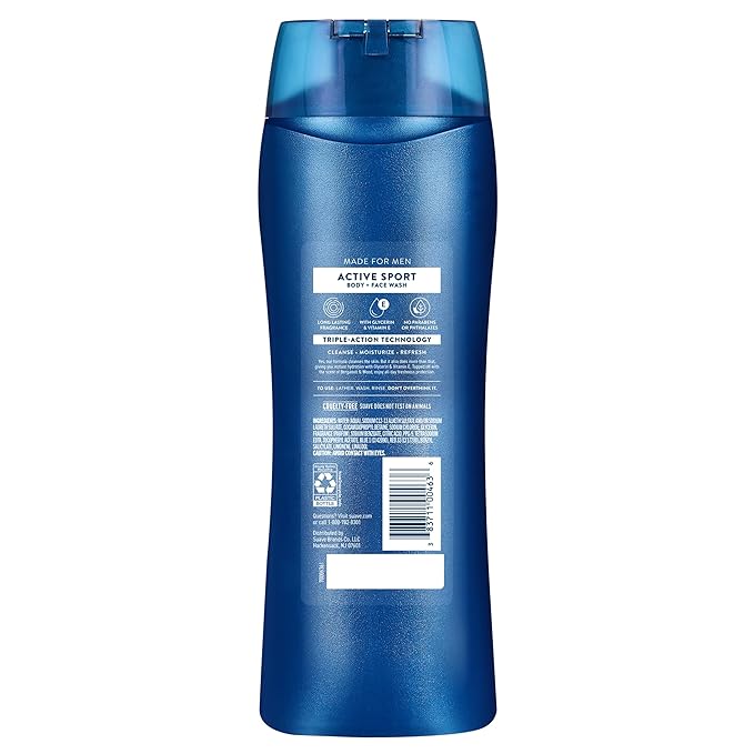 Suave Men Moisturizing Body & Face Wash, Energizing Sport with Bergamot & Wood Scent, No Parabens, No Phtahaltes, 18 Oz Pack of 6