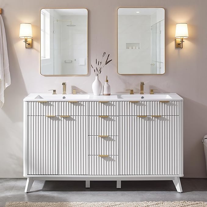 T4TREAM 60" Fluted Bathroom Vanity with Resin Sink Combo，Freestanding Modern Bathroom Storage Vanity Cabinet with Soft Closing Doors & 3 Drawers，Wood Grain Texture，Metal Handle，White
