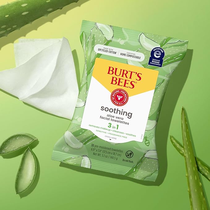 Burt's Bees Aloe Vera Face Wipes, for Sensitive Skin, Soothing Makeup Remover & Facial Cleansing Towelettes, 30 Ct. (3-Pack)