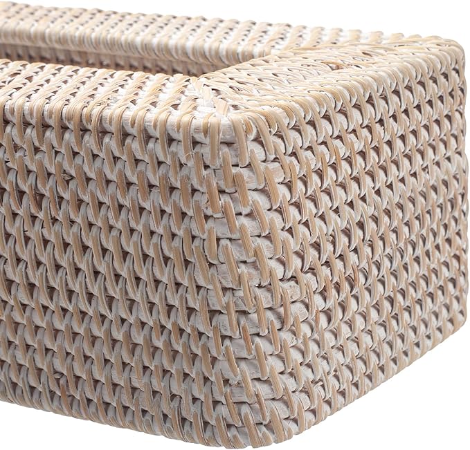 Rattan Tissue Box Cover Natural Woven Facial Napkin Holder Rectangular 10 x 6.1 x 4.1 Inch (White)