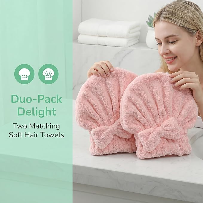 Microfiber Hair Towel Wrap for Thick Damaged Hair, Quick Drying Hair Turban with Bow, Super Absorbent Anti Frizz Hair Cap for Curly Frizzy Hair, Lightweight Towel for Women After Shower (Pink+Purple)