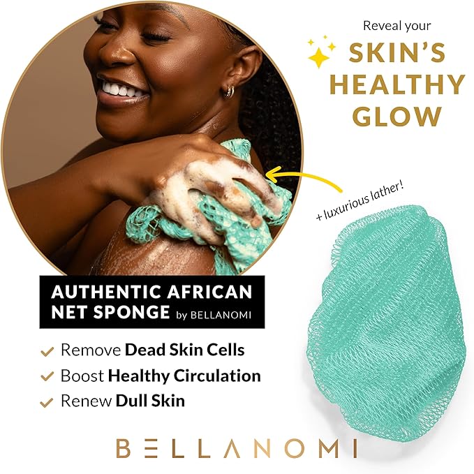 BELLANOMI African Exfoliating Net Sponge, Authentic, Ethically sourced from Nigeria, 45 inches Long, Back Scrubber for Daily use (Seafoam)