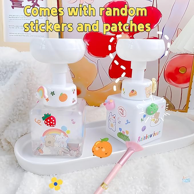 Flower Foam Dispenser Pump Bottle-250ml Reusable Plastic Soap Dispenser for Shampoo, Hand Soap&Bath, Includes Cute Stickers, Perfect for Kids Bathroom Or Kitchen (White)