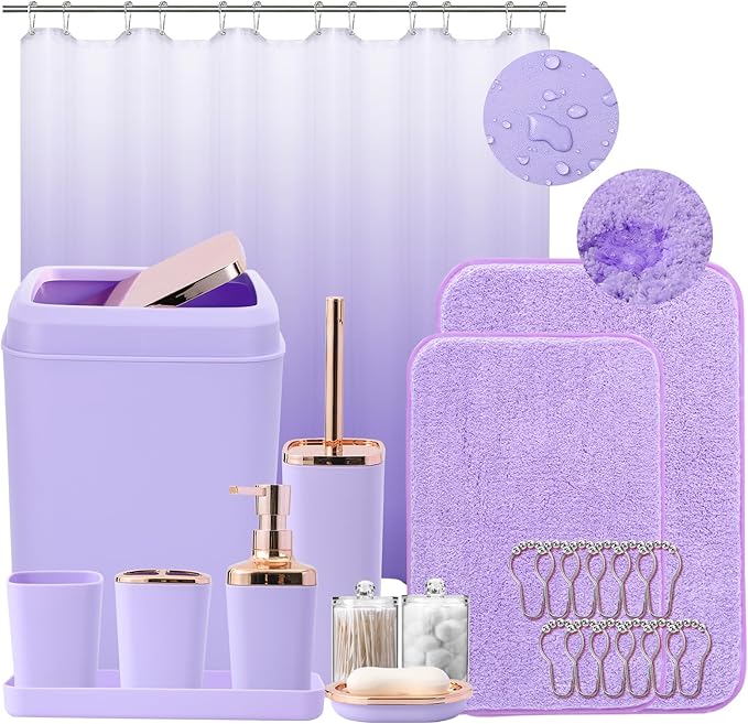 Bathroom Accessory Set–Bathroom Sets with Shower Curtain and Rugs, Non Slip Bathroom Rugs Super Absorbent, Light Purple Ombre Shower Curtain with Hooks, Lavender Bathroom Sets Complete for Home