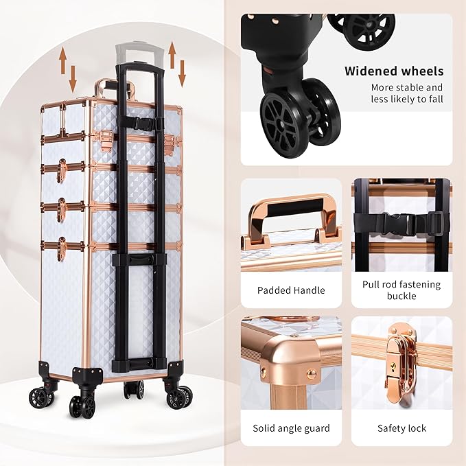 AROUS Rolling Makeup Train Case 4 in 1 Cosmetology Case on Wheels Large Storage Cosmetic Trolley with Key Salon Barber Case Traveling Cart Trunk,White